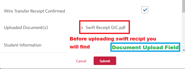 uploaded swift receipt in CIBC portal
