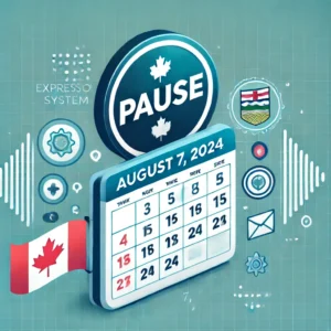  A compact illustration representing the shift in Alberta's immigration system. The image shows a 'pause' symbol with a calendar marking August 7, 2024