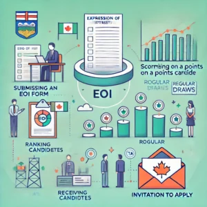  An infographic-style illustration showing the steps in the Expression of Interest (EOI) process for Alberta immigration. The visual includes key stage